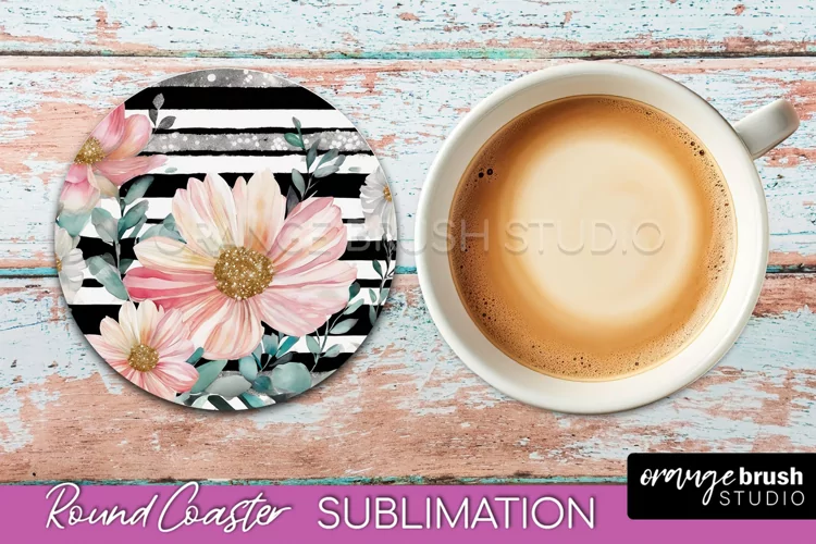 Watercolor Flowers Round Coaster - Floral Pink Sublimation