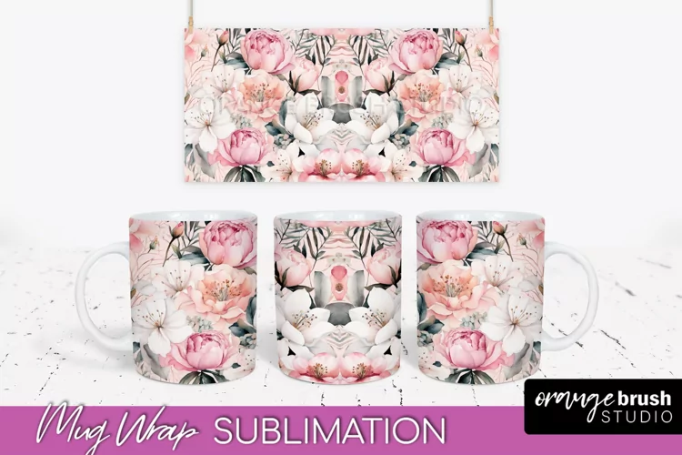 Pink Watercolor Flowers Mug Wrap - Floral Mug Sublimation