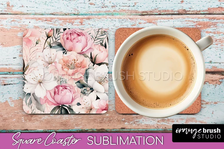 Watercolor Flowers Square Coaster - Floral Pink Sublimation