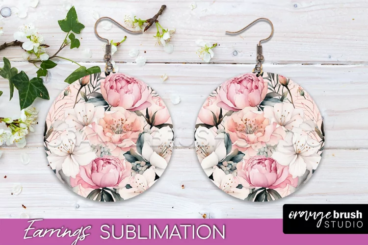 Watercolor Flowers Earrings, Pink Floral Earring Sublimation