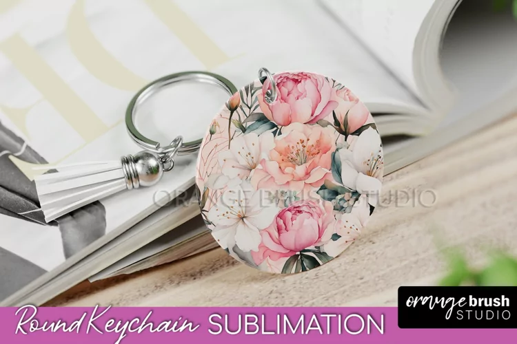 Pink Flowers Keychain, Floral Keychain Sublimation Design