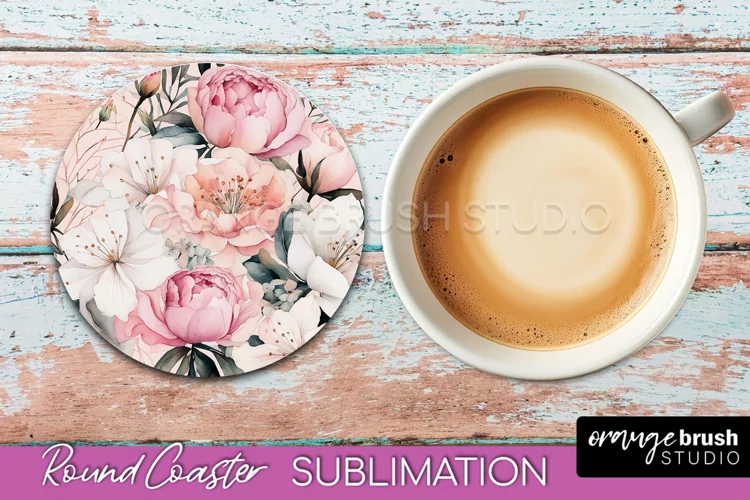 Watercolor Flowers Round Coaster - Floral Pink Sublimation