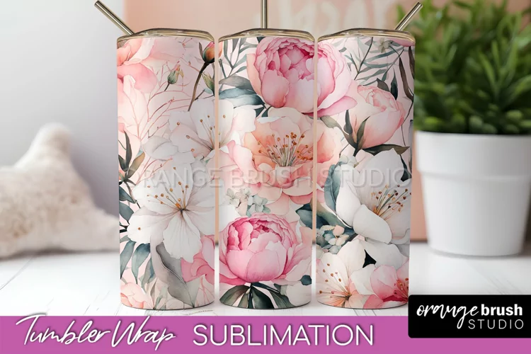 Floral Tumbler Wrap - Pink Flowers Watercolor Tumbler PNG