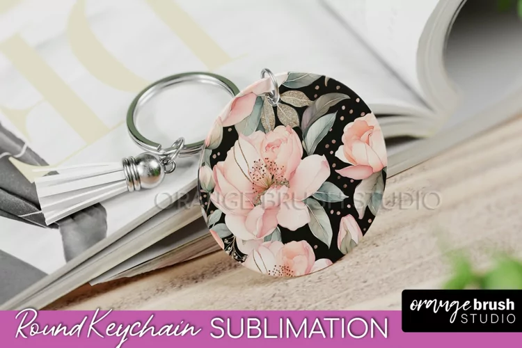 Pink Flowers Keychain, Floral Keychain Sublimation Design