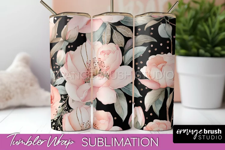 Floral Tumbler Wrap - Pink Flowers Watercolor Tumbler PNG
