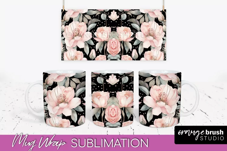Pink Watercolor Flowers Mug Wrap - Floral Mug Sublimation