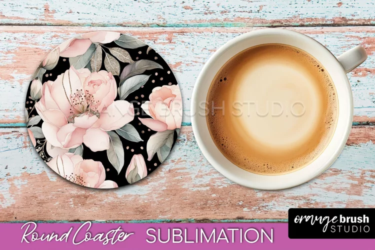 Watercolor Flowers Round Coaster - Floral Pink Sublimation