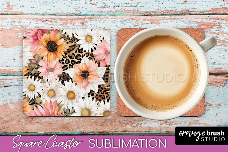 Watercolor Flowers Square Coaster - Floral Pink Sublimation