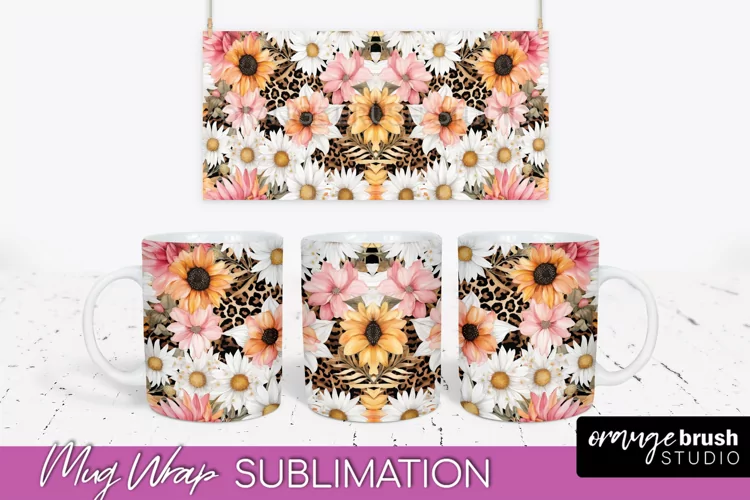 Pink Watercolor Flowers Mug Wrap - Floral Mug Sublimation