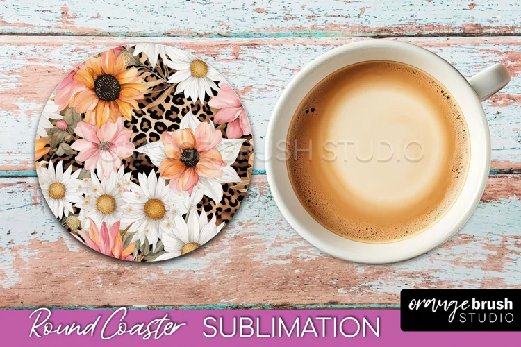 Watercolor Flowers Round Coaster - Floral Pink Sublimation