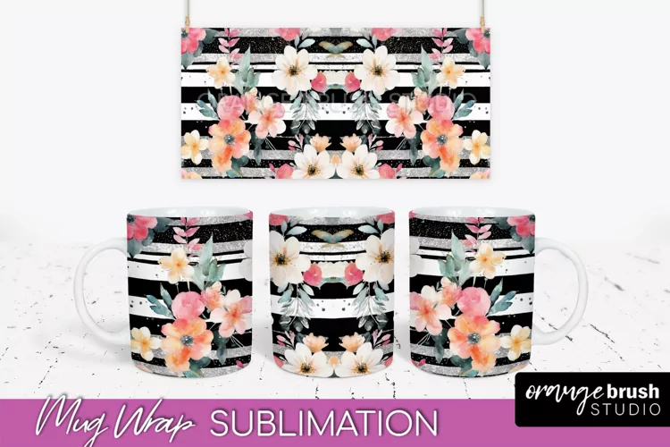 Pink Watercolor Flowers Mug Wrap - Floral Mug Sublimation