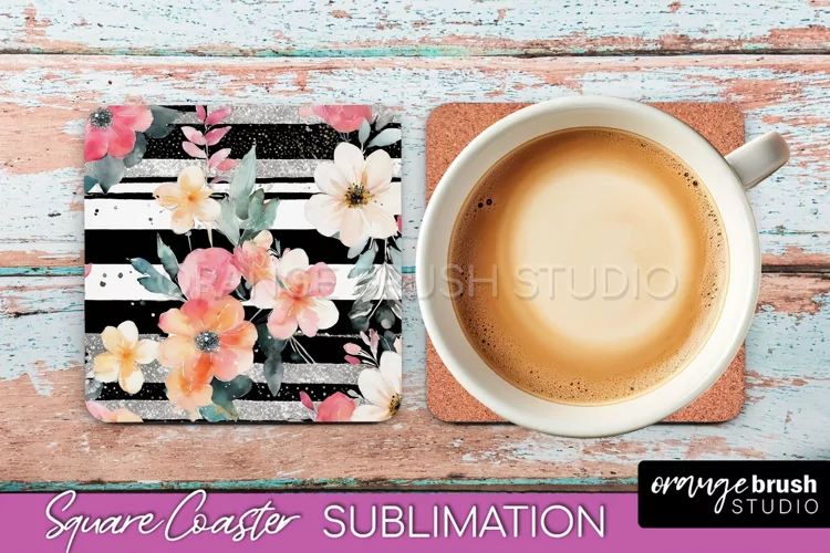 Watercolor Flowers Square Coaster - Floral Pink Sublimation