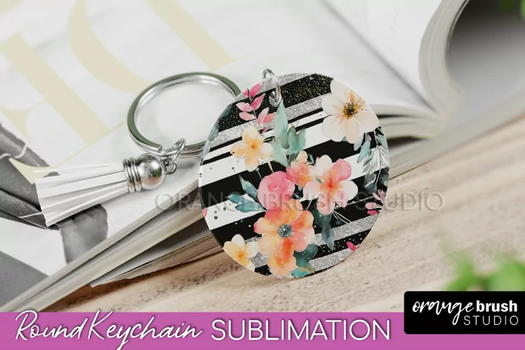 Pink Flowers Keychain, Floral Keychain Sublimation Design