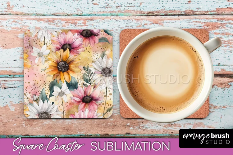 Watercolor Flowers Square Coaster - Floral Pink Sublimation