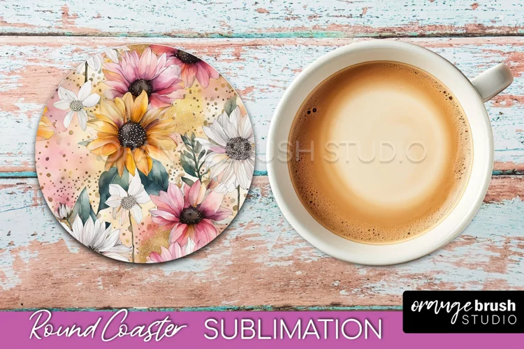 Watercolor Flowers Round Coaster - Floral Pink Sublimation