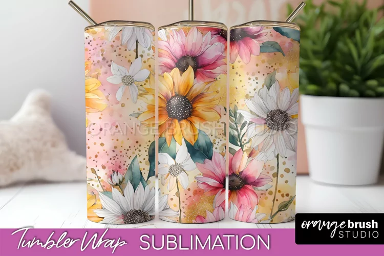 Floral Tumbler Wrap - Pink Flowers Watercolor Tumbler PNG