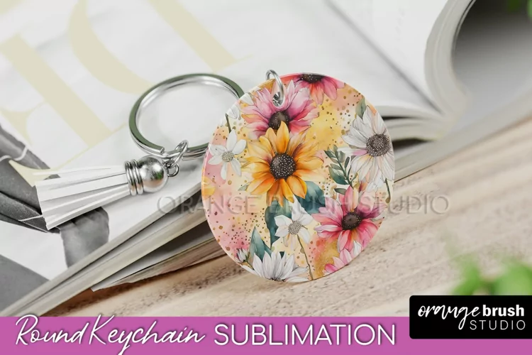Pink Flowers Keychain, Floral Keychain Sublimation Design