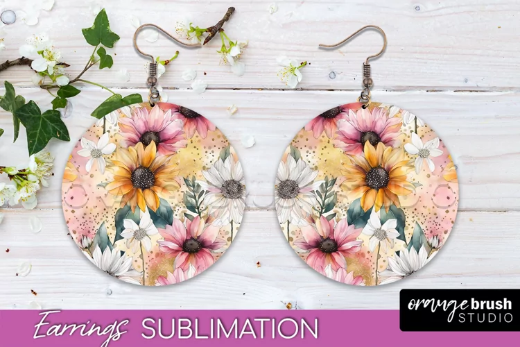 Watercolor Flowers Earrings, Pink Floral Earring Sublimation