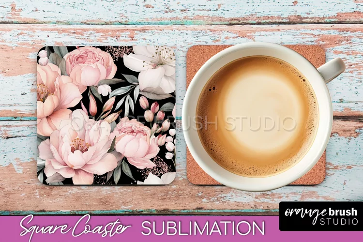 Watercolor Flowers Square Coaster - Floral Pink Sublimation