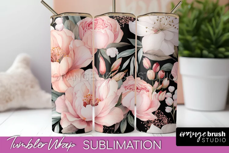 Floral Tumbler Wrap - Pink Flowers Watercolor Tumbler PNG