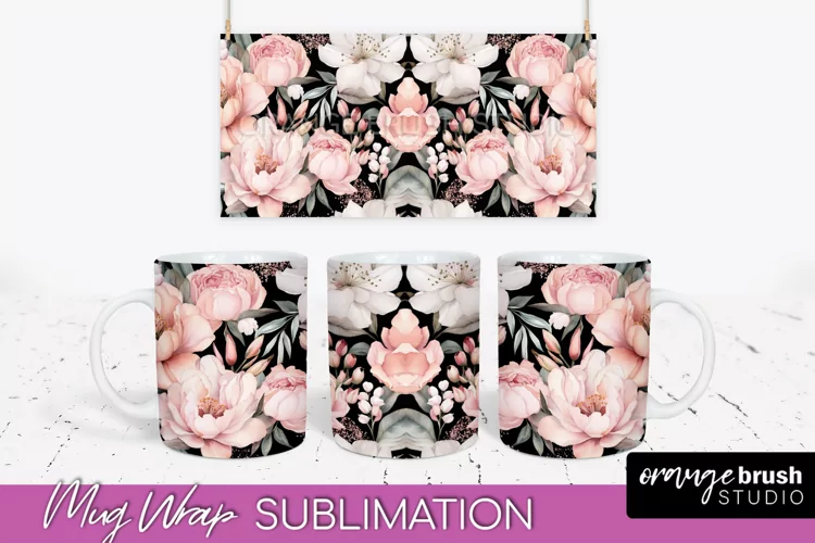 Pink Watercolor Flowers Mug Wrap - Floral Mug Sublimation