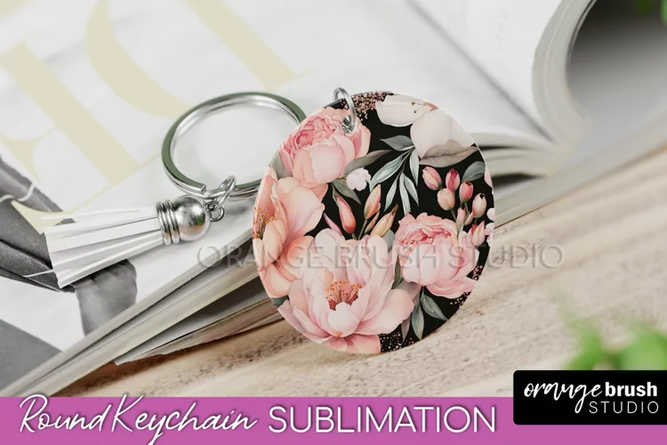 Pink Flowers Keychain, Floral Keychain Sublimation Design