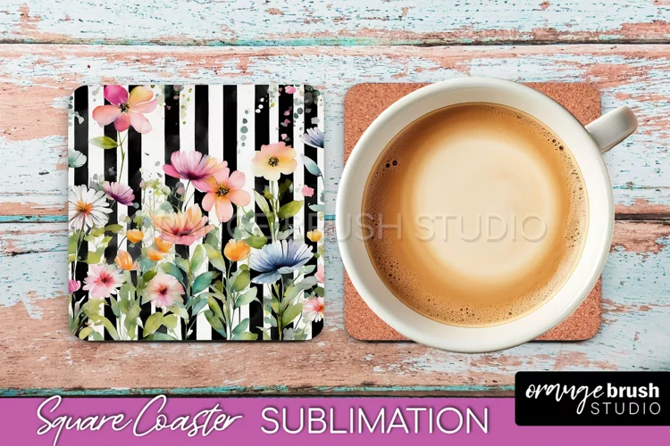 Watercolor Flowers Square Coaster - Floral Pink Sublimation