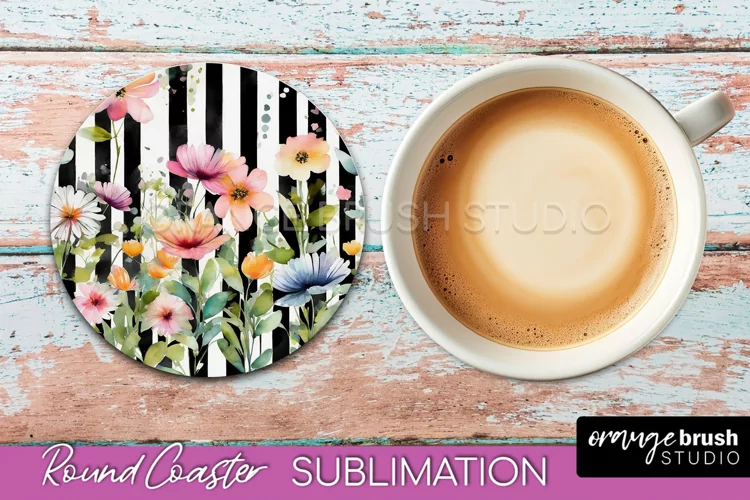 Watercolor Flowers Round Coaster - Floral Pink Sublimation