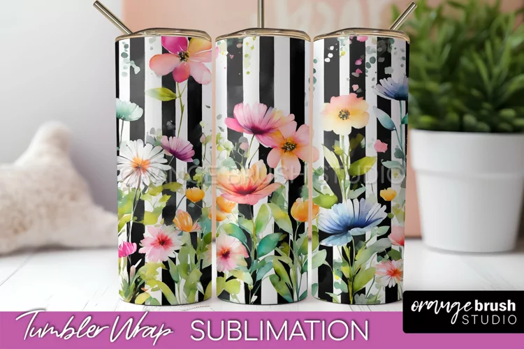 Floral Tumbler Wrap - Pink Flowers Watercolor Tumbler PNG