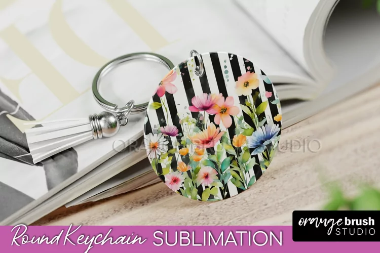 Pink Flowers Keychain, Floral Keychain Sublimation Design