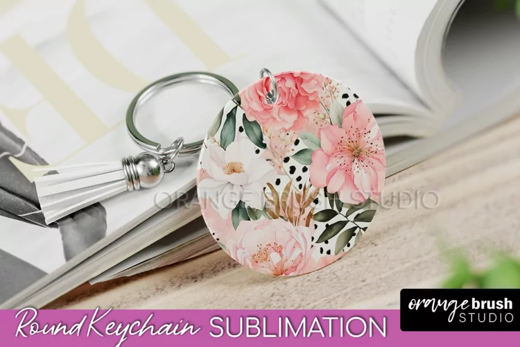 Pink Flowers Keychain, Floral Keychain Sublimation Design