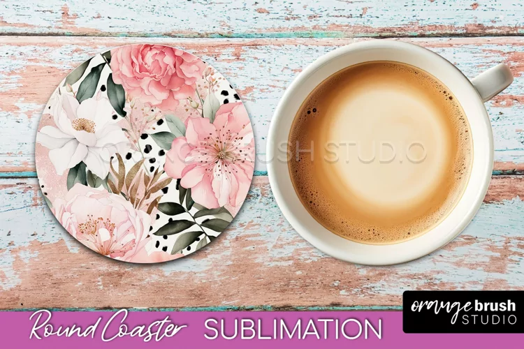 Watercolor Flowers Round Coaster - Floral Pink Sublimation