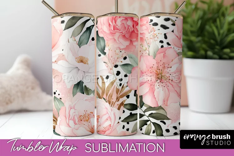Floral Tumbler Wrap - Pink Flowers Watercolor Tumbler PNG