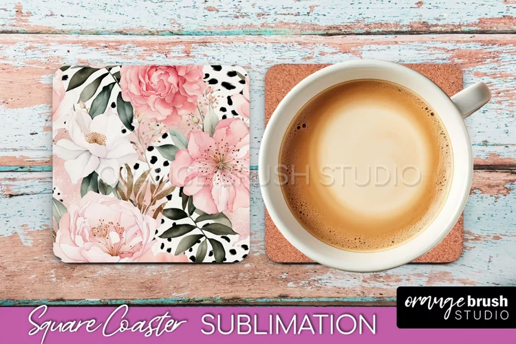 Watercolor Flowers Square Coaster - Floral Pink Sublimation