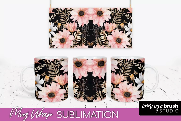 Pink Watercolor Flowers Mug Wrap - Floral Mug Sublimation