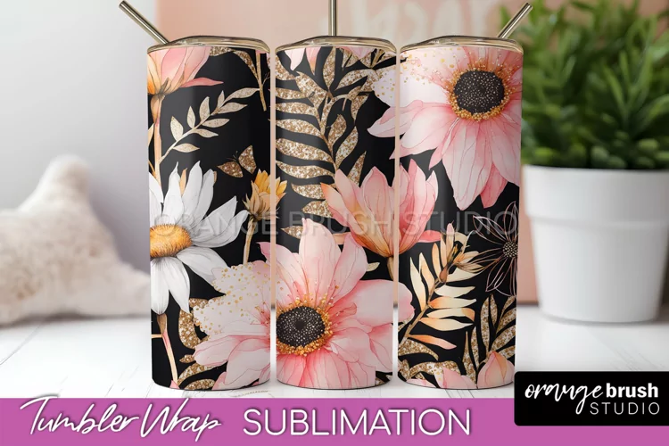Floral Tumbler Wrap - Pink Flowers Watercolor Tumbler PNG