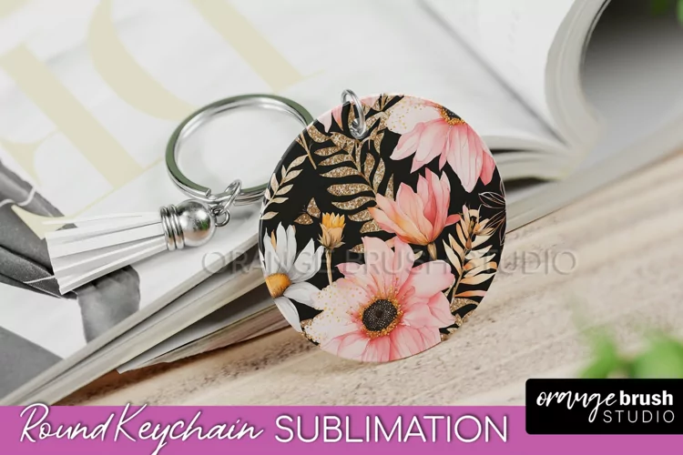 Pink Flowers Keychain, Floral Keychain Sublimation Design