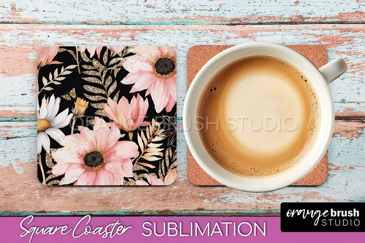 Watercolor Flowers Square Coaster - Floral Pink Sublimation