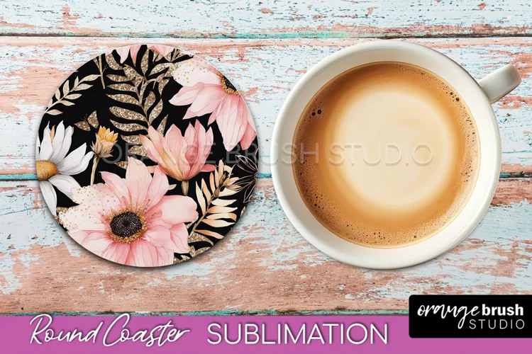 Watercolor Flowers Round Coaster - Floral Pink Sublimation