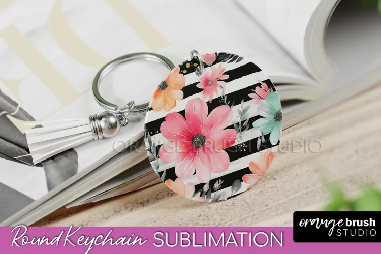 Pink Flowers Keychain, Floral Keychain Sublimation Design