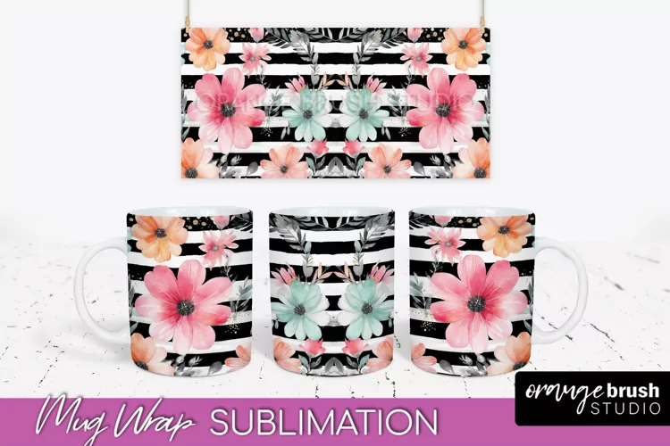 Pink Watercolor Flowers Mug Wrap - Floral Mug Sublimation