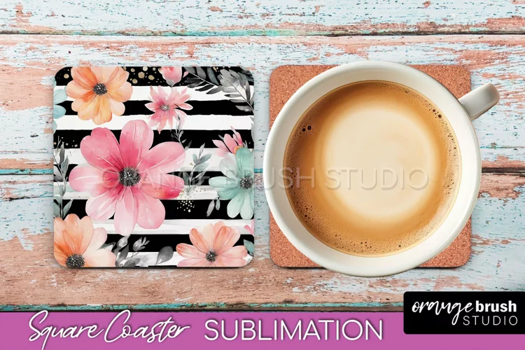 Watercolor Flowers Square Coaster - Floral Pink Sublimation