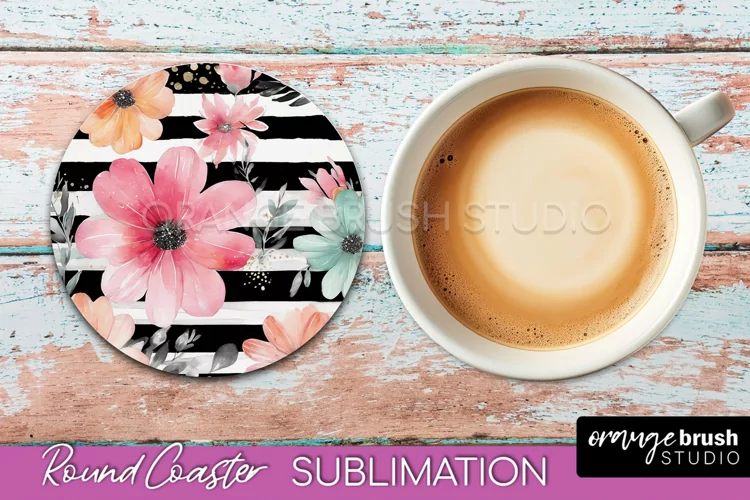 Watercolor Flowers Round Coaster - Floral Pink Sublimation