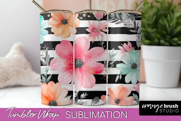 Floral Tumbler Wrap - Pink Flowers Watercolor Tumbler PNG