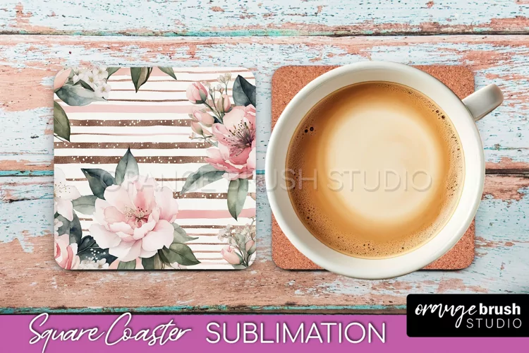 Watercolor Flowers Square Coaster - Floral Pink Sublimation