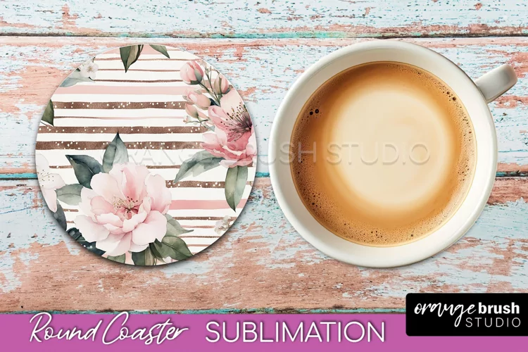 Watercolor Flowers Round Coaster - Floral Pink Sublimation