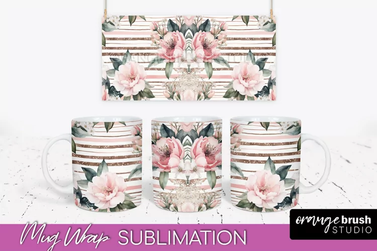 Pink Watercolor Flowers Mug Wrap - Floral Mug Sublimation