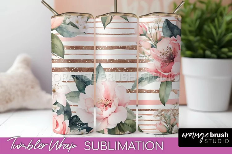 Floral Tumbler Wrap - Pink Flowers Watercolor Tumbler PNG