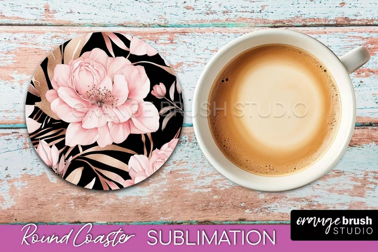 Watercolor Flowers Round Coaster - Floral Pink Sublimation