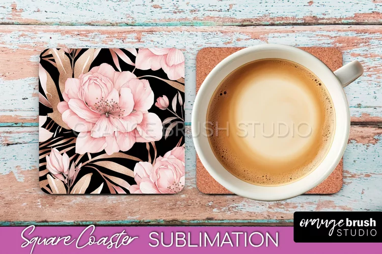 Watercolor Flowers Square Coaster - Floral Pink Sublimation